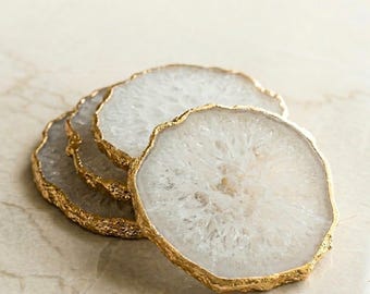 Natural White Agate Coaster with Gold Edge - Crystal Slice Coaster, Luxury Home Decor, Coffee Table Decor, Housewarming Gift
