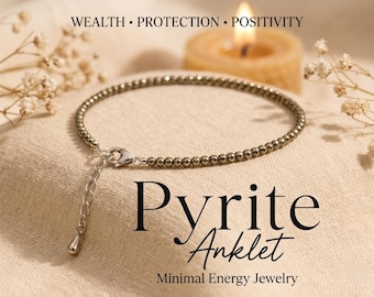 Pyrite Anklet for Women | Tiny 2MM Faceted Pyrite Anklet | Minimalist Crystal Jewelry | Protection Wealth Anklet | Adjustable Gift for Her
