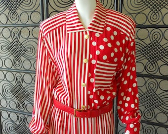 Essential Red & White Dress Polka Dots Stripes Vintage Liz Claiborne Collection Size 12 NEW