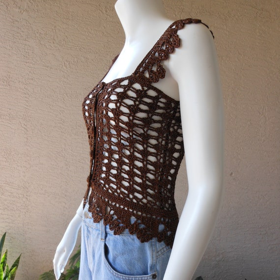 Vintage Brown Metallic Crochet Short Length Vest … - image 5