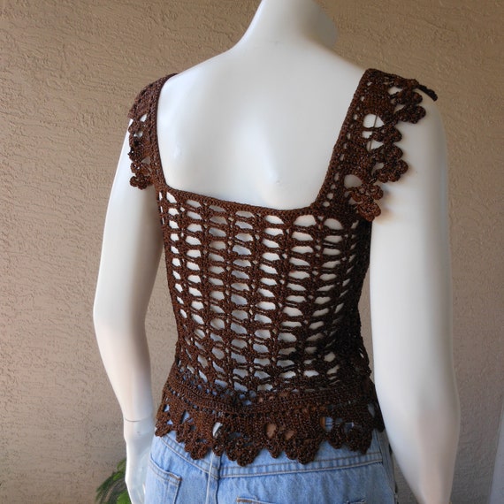 Vintage Brown Metallic Crochet Short Length Vest … - image 8