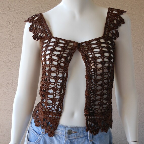 Vintage Brown Metallic Crochet Short Length Vest … - image 4