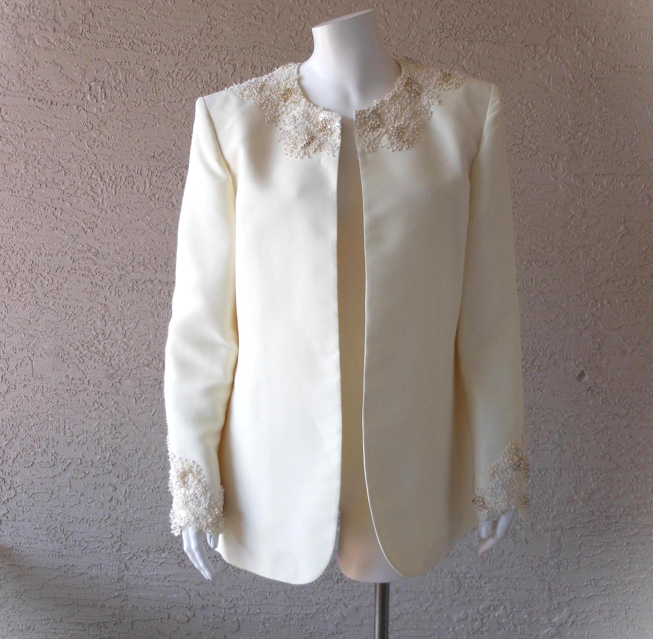 Vintage Ivory Pearl and Sequin Adorned Longer Jacket Size Medium