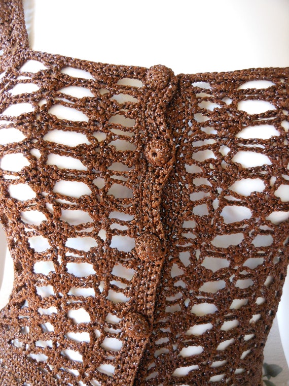 Vintage Brown Metallic Crochet Short Length Vest … - image 2