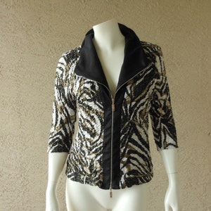 Chaqueta vintage con estampado animal de cebra y cremallera frontal, talla pequeña/mediana