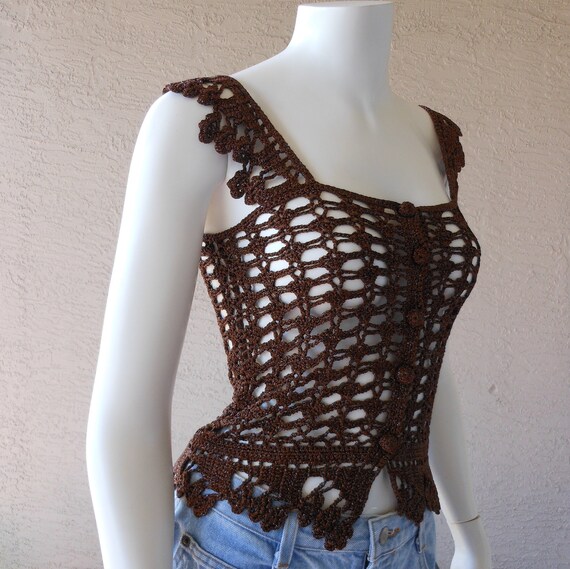 Vintage Brown Metallic Crochet Short Length Vest … - image 9