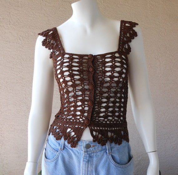 Vintage Brown Metallic Crochet Short Length Vest … - image 1