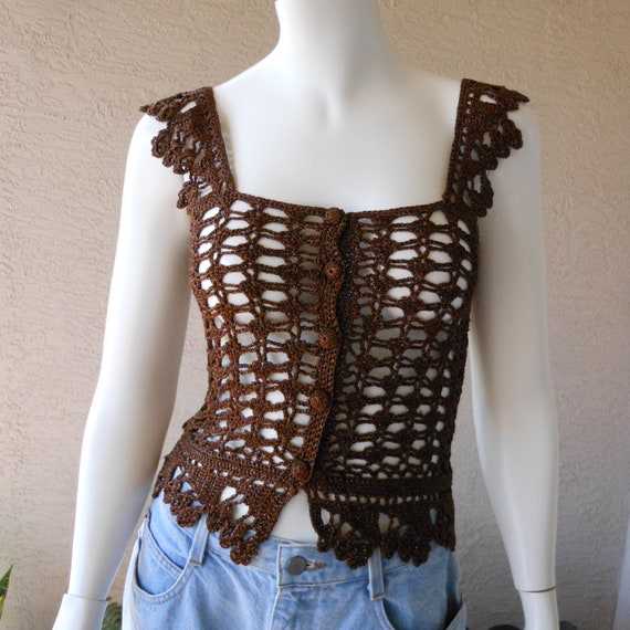 Vintage Brown Metallic Crochet Short Length Vest … - image 10