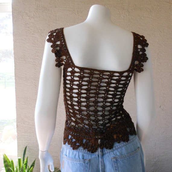 Vintage Brown Metallic Crochet Short Length Vest … - image 6