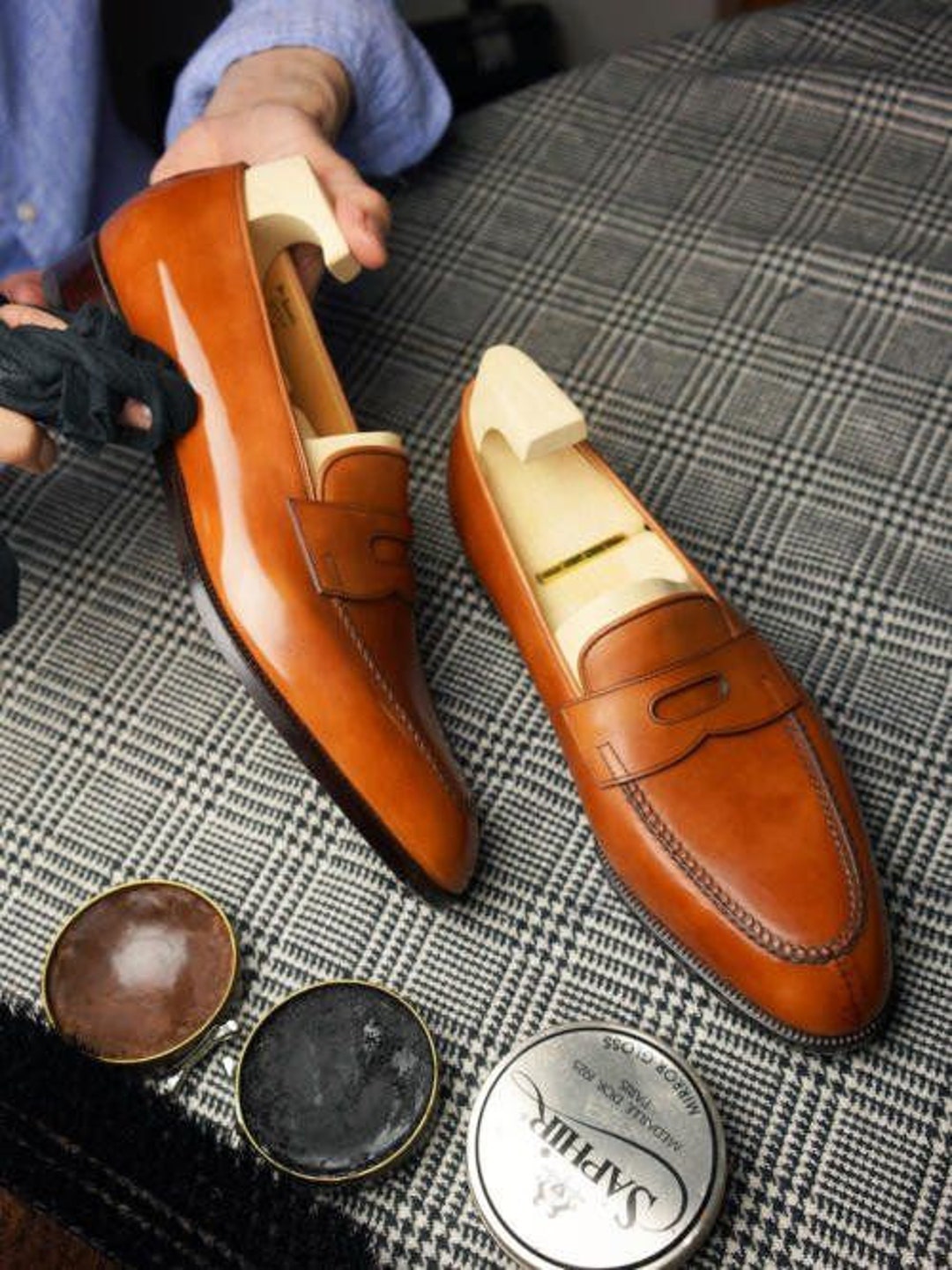 Handmadetan Brown Leather Penny Loafer Shoes Men Classic Peas - Etsy