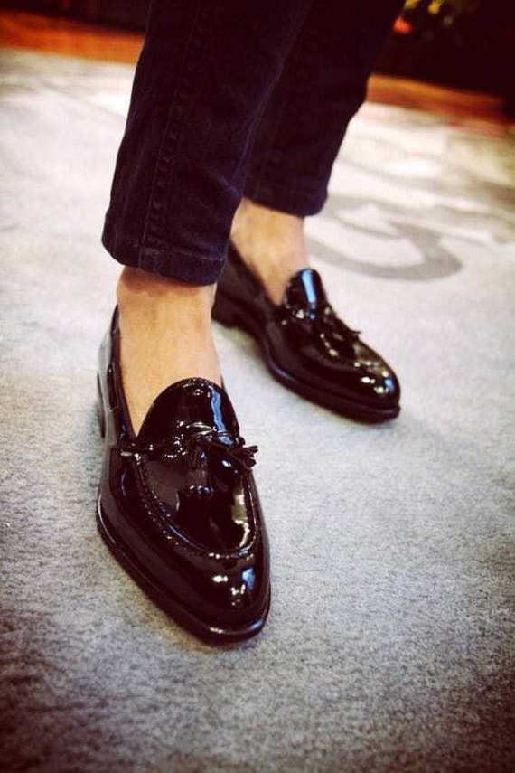 Handmade Men Black Patent Leather Tassel Loafer Shoes, Moccasin Shoes, Loafers