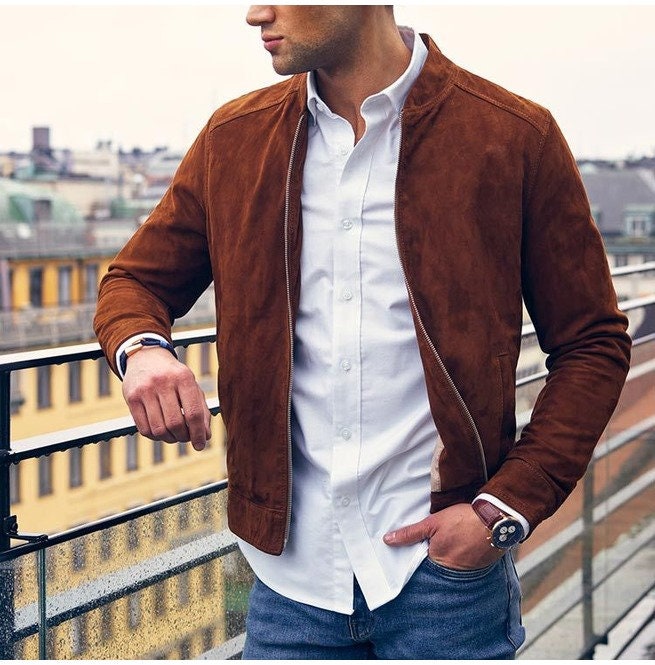 Mens Brown Suede Biker Jacket, Men Brown Casual Suede Jacket