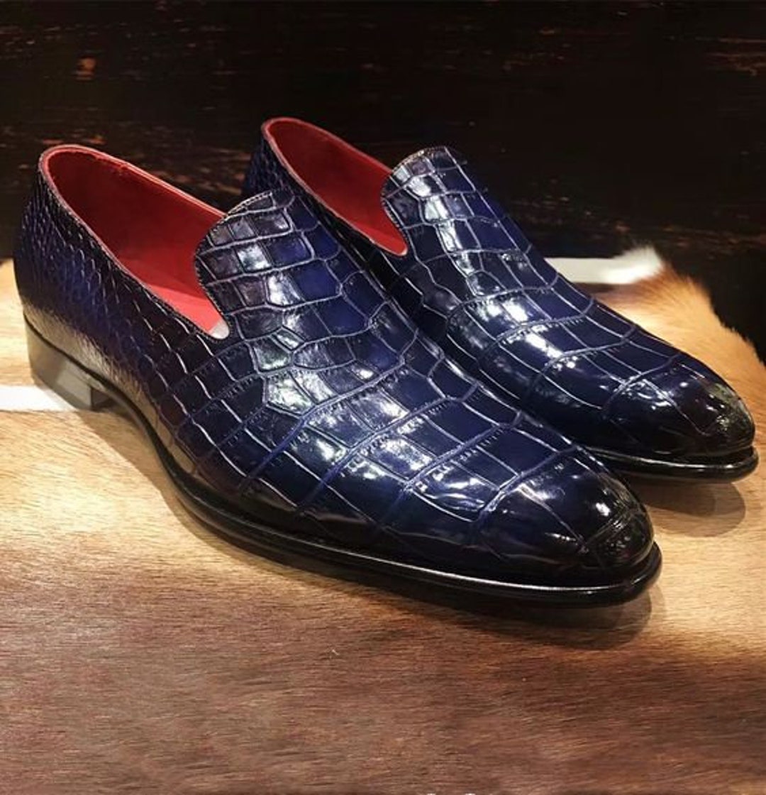Handmade Men Blue Alligator Textured Shoe Cow Leather With - Etsy