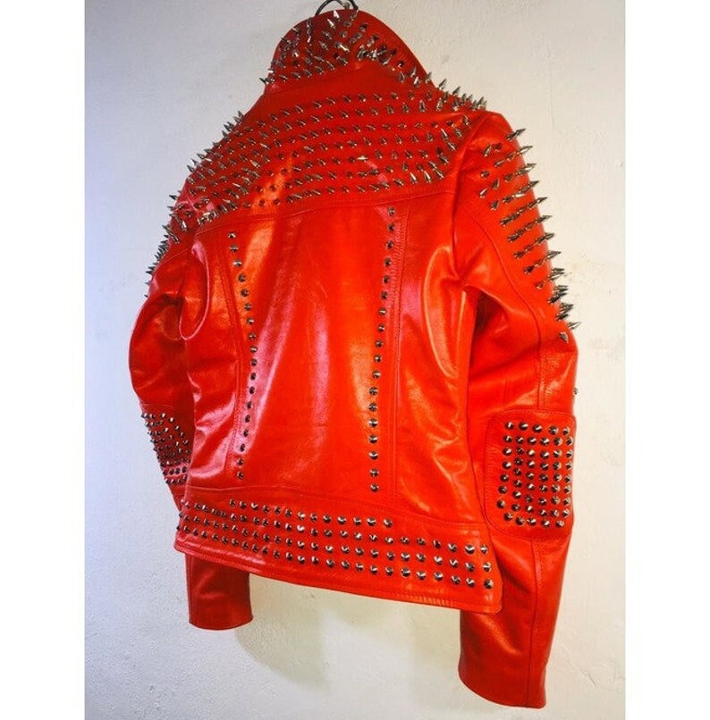 Men Rock Punk Red Leather Studded and Spiked Jacket Emo - Etsy