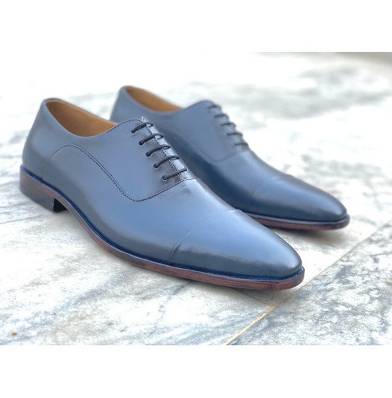 Handmade Mens Navy blue Leather Oxfords shoes. Men blue leather dress shoes