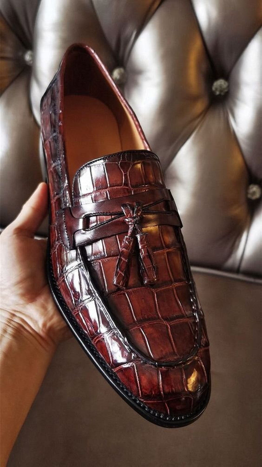 Handmade Men Crocodile Leather Brown Bit Loafer Shoes Peas