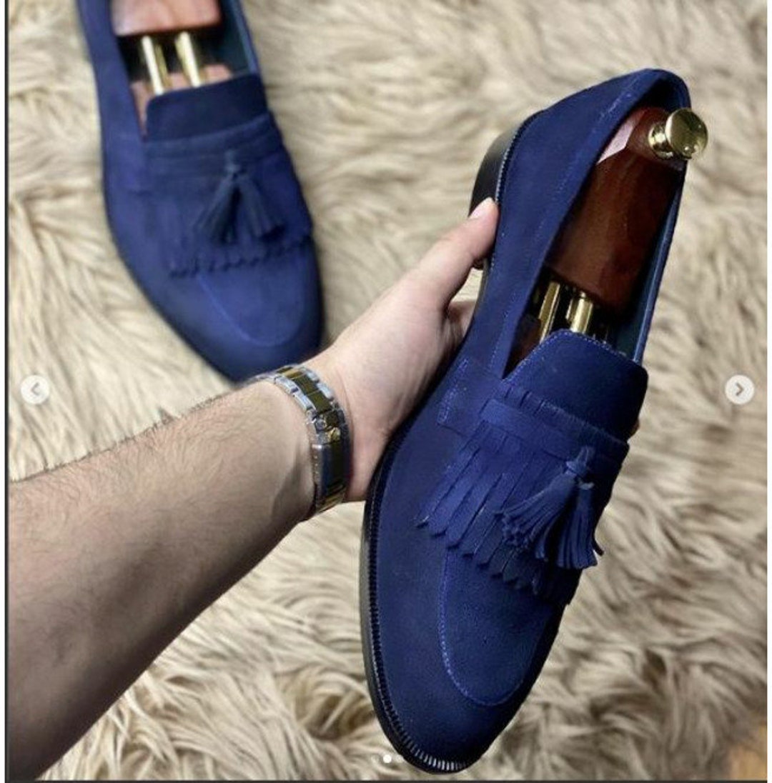 Men Handmade Blue Suede Leather Loafer Shoes With Tassels - Etsy