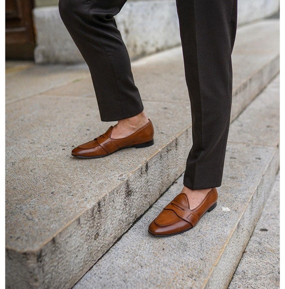 Brown Leather Penny Loafer Shoes Men 