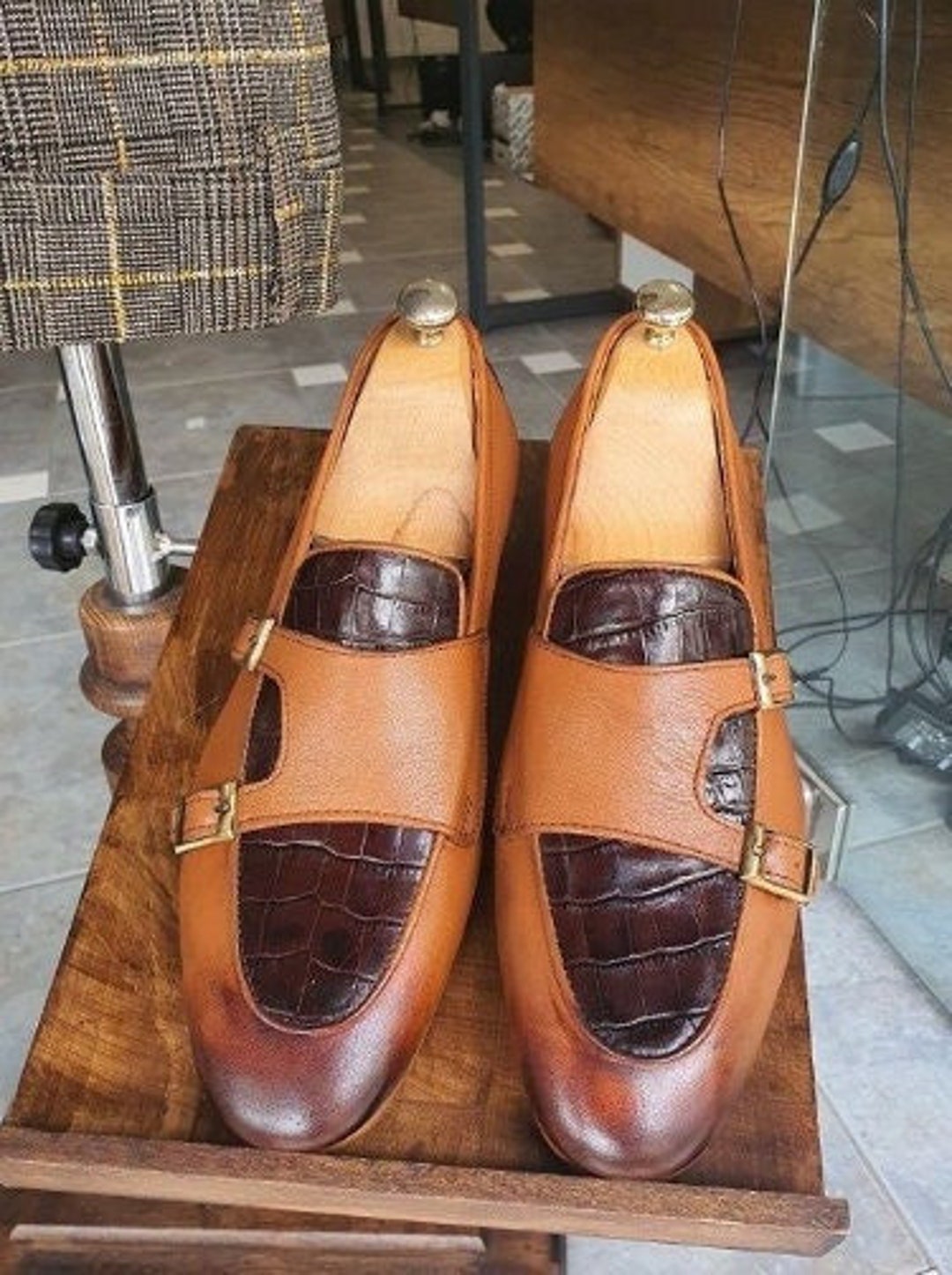 Tan and Brown Leather Dress Shoes Monk Leather Shoes for - Etsy