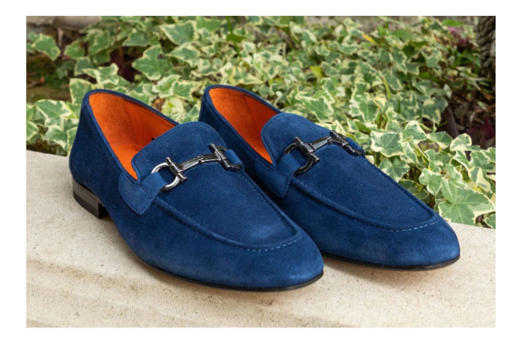 Men Blue Suede Bit Loafer Shoes Slip on Dress Shoes