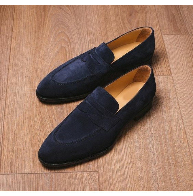 Men Handmade Navy Blue Suede Leather 