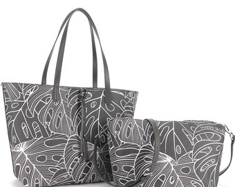 Reversible Tote Nancy Large Monstera Lines Grey