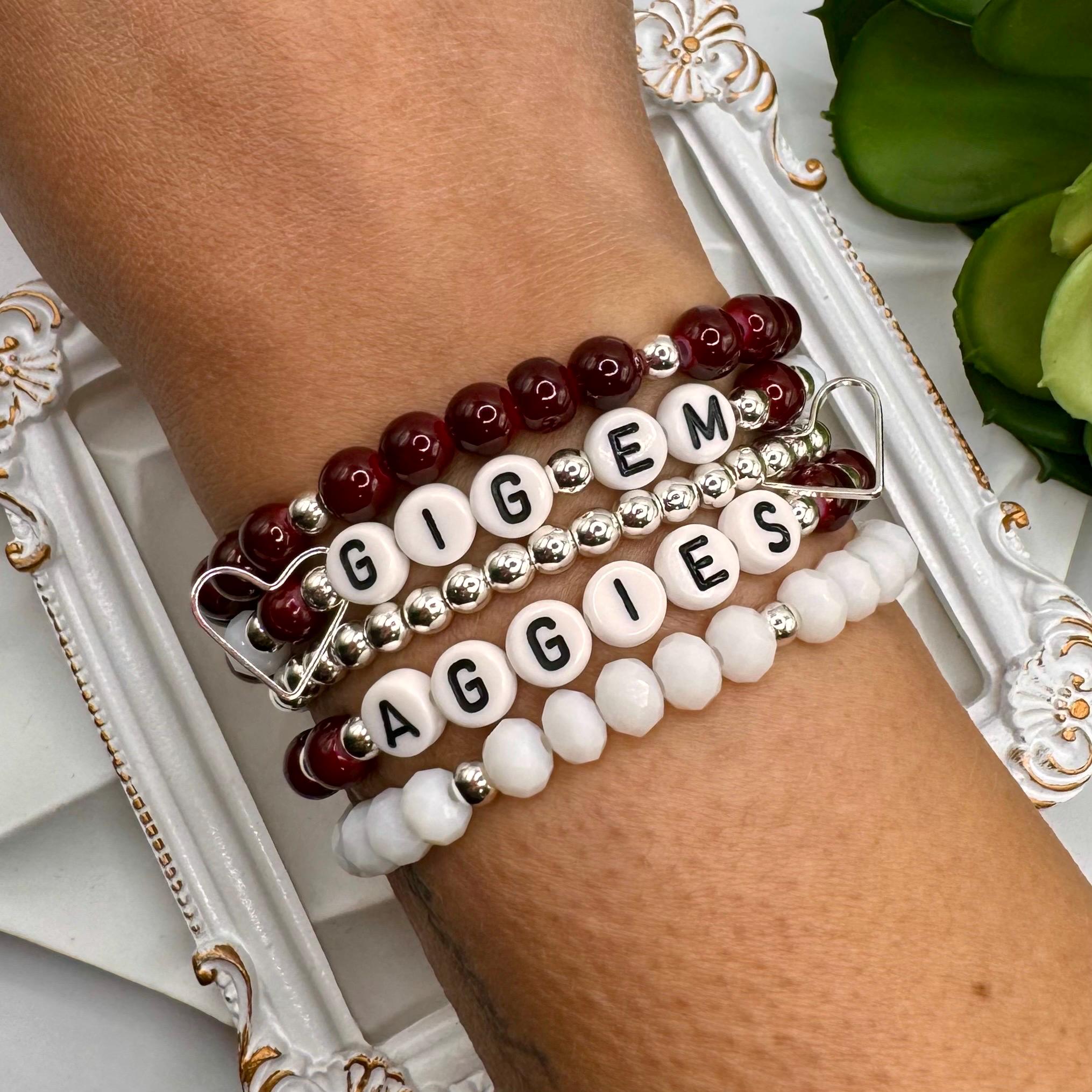 6mm Texas A & M Game Day Glass Bracelet Stack / Aggies Bracelet Set / Maroon White Bracelet / Gig ‘Em / Whoop / College Graduation Gift
