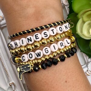 Boho Minimalist Personalized Black Crystal & Gold Beaded Charm Bracelet /Cowgirl Country Boot Bracelet /Rhinestone Cowgirl /Mom Girl Gift