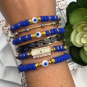 Evil Eye Chunky Heishi Stack Bracelet / Clay Stacking Bracelet / Beaded Bracelet / Gold Plated Jewelry / Gold Cuff Bangle / Stretch Bracelet