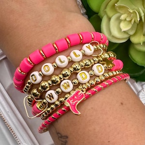 Boho Minimalist Personalized Hot Pink Clay & Gold Beaded Charm Bracelet /Cowgirl Country Boot Bracelet /Dolly Parton WWDD /Mom Girl Gift