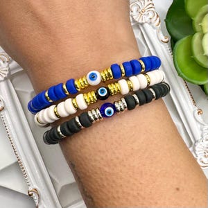 Evil Eye Chunky Heishi Stack Bracelet / Clay Stacking Bracelet / Beaded Bracelet / Gold Plated Jewelry / Gold Cuff Bangle / Stretch Bracelet