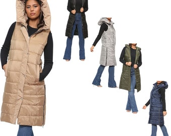 Damen Ärmellose gepolsterte Gilet Damen Longline Kapuzenjacke Quilted Winter Wear Langer Mantel