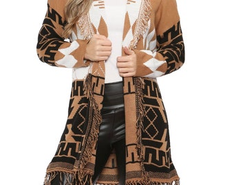 Womens Open Front Aztec Print Strickjacke Langarm Quaste Fransen vorne offen Pullover