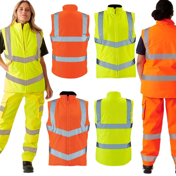 Womens Reflective Stripe High Vis Bodywarmer Ladies Full Zip Safety Vest Work Wear Gillet