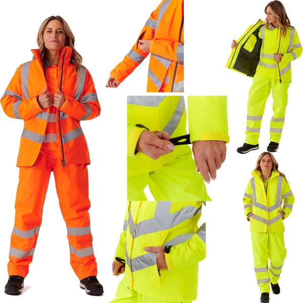 Womens Hi Vis Zip Up Padded jacket With Detachable Hooded Reflective Tape Safety Coat