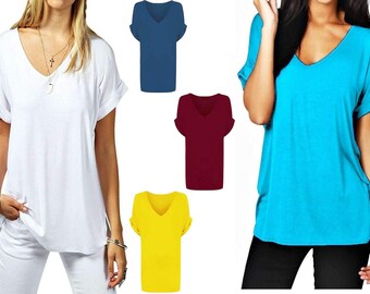 Womens Turn Up Sleeve T Shirt Ladies V Neck Pullover Top Oversize Baggy Shirt