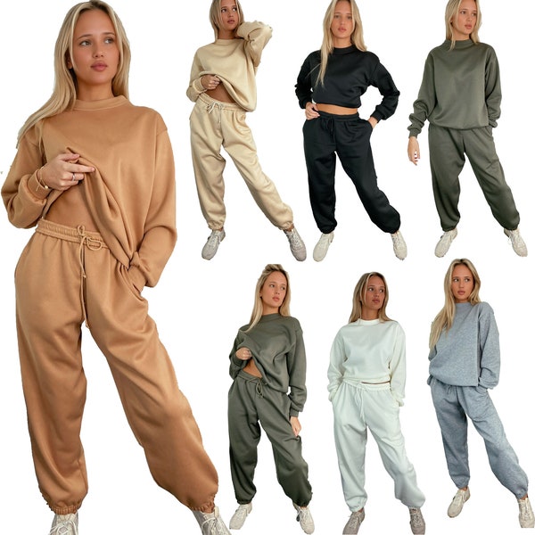 Womens Long Sleeve Plain Oversized Tracksuit Pullover Jumper and Cuffed Joggers 2Pcs Suit