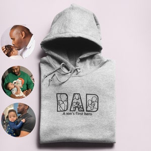 BORDADO/Sudadera del Día del Padre, sudadera con capucha de papá - Regalos personalizados para papá de hija o hijo con manga inicial de foto de retrato de contorno