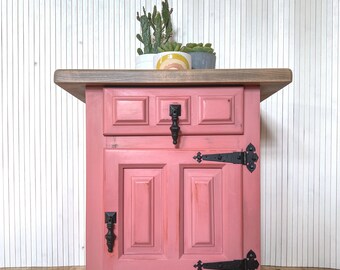 Rustic Spanish Bedside or End Table | Pink Small Vintage Cabinet | Upcycled Oak Furniture