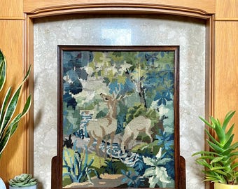 Vintage Stag Deer Needlepoint Fire Screen | Penelope B5723 Woodland Tapestry | Cottagecore Country House Decor