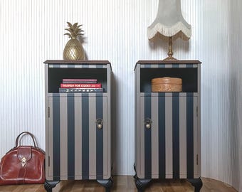 Pair of Vintage Neo-Regency Bedside Tables | Hand Painted Striped Nightstands