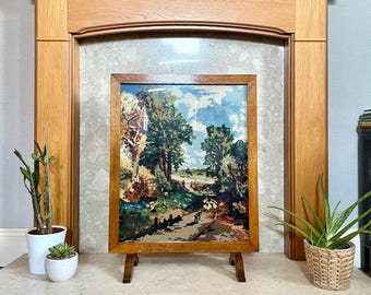 Vintage Needlepoint Fire Screen “The Cornfield” by Penelope • Oak Frame • Mid-Century British Tapestry Wool