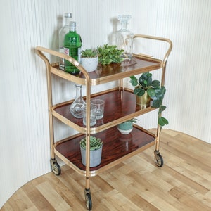 Vintage 3 tier golden drinks trolley with detachable tray
