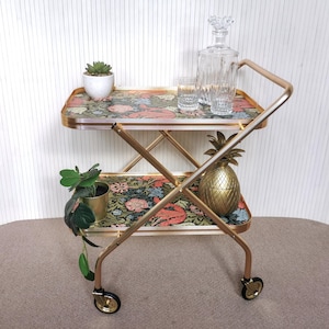 Vintage upcycled folding drinks trolley / bar cart. Arts and Crafts floral pattern