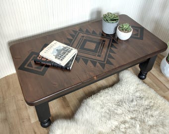 Hand-Painted Upcycled Coffee Table with Aztec Geometric Design, Black and Dark Oak Finish