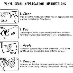 May include: A black and white illustration showing four steps for applying a vinyl decal. The steps are: 1. Clean, 2. Peel, 3. Apply, and 4. Remove. Each step is illustrated with a simple drawing.