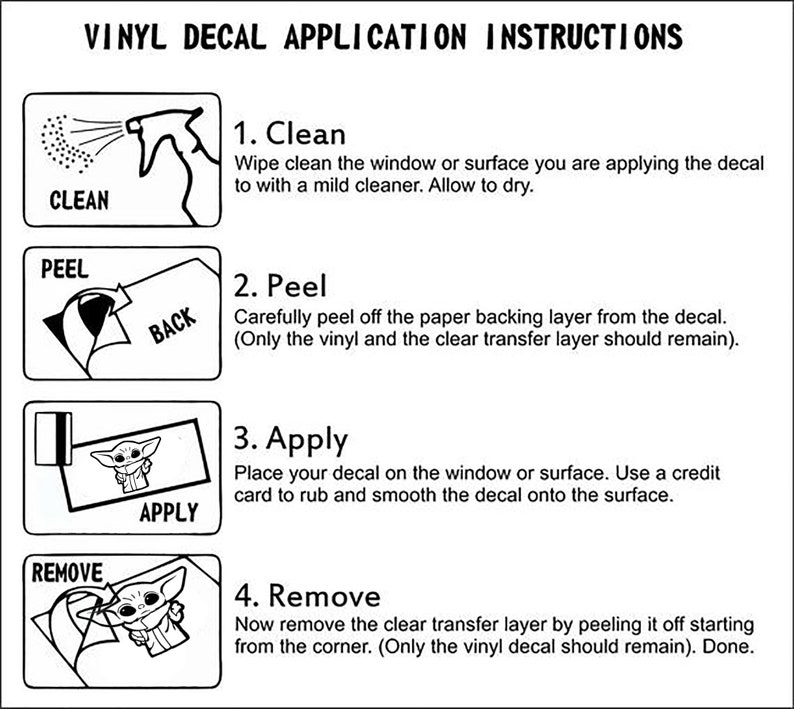 May include: A black and white illustration showing four steps for applying a vinyl decal. The steps are: 1. Clean, 2. Peel, 3. Apply, and 4. Remove. Each step is illustrated with a simple drawing.
