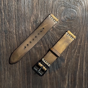 custom 20mm watch straps handmade out of 2mm rustic yellow italian pull up veg tanned leather.