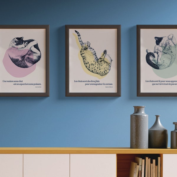 Les positions du chats, Affiche, Illustration d'animaux, Poster, A3, Tryptique