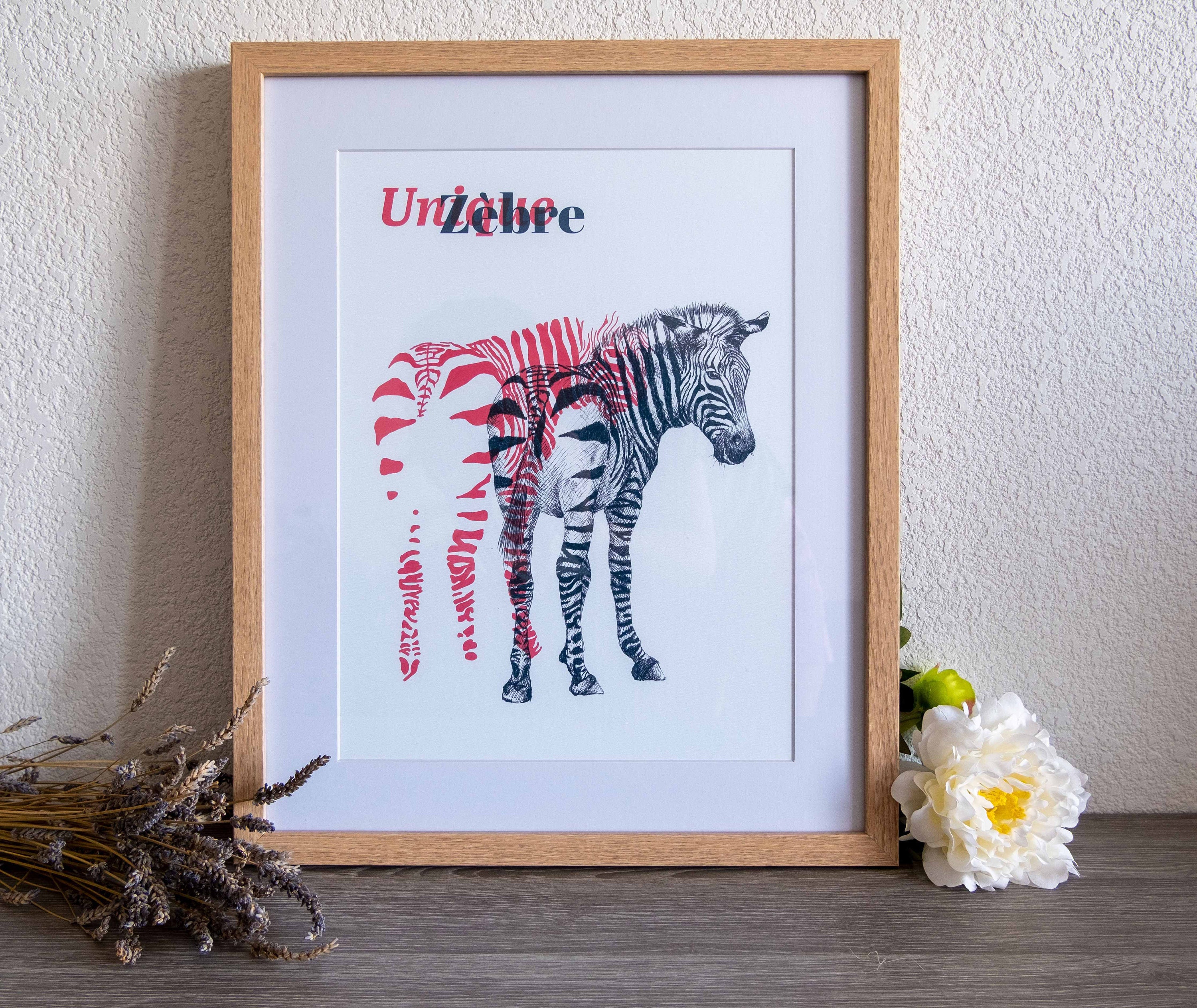 Affiche Zèbre, Illustration d'animaux, Poster A6, A4, A3